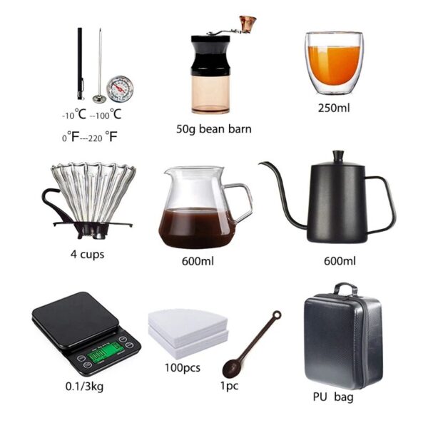 10-Piece Premium Travel Coffee Set: Manual Grinder, Cups & Filters in PU Bag - Image 7